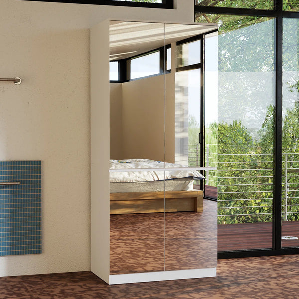 Freestanding Mirrored Wardrobe with Hanging Rod & Adjustable Shelves  Wooden Bazar