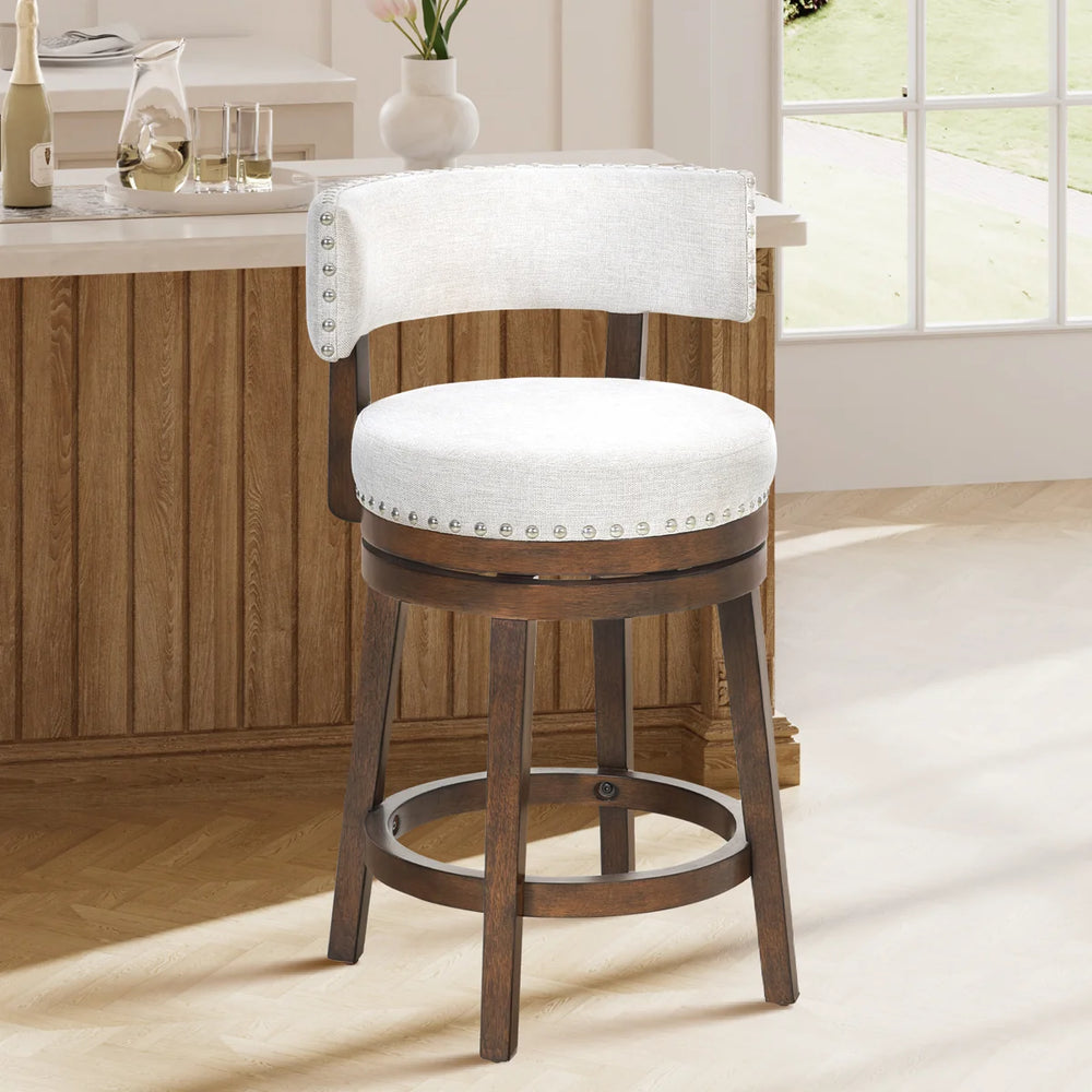 360° Swivel 24" Counter Stool with Nailhead Trim, Upholstered Solid Wood Bar Chair for Kitchen Island  Wooden Bazar