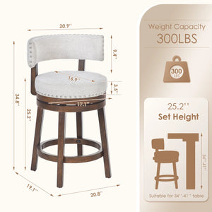 360° Swivel 24" Counter Stool with Nailhead Trim, Upholstered Solid Wood Bar Chair for Kitchen Island  Wooden Bazar