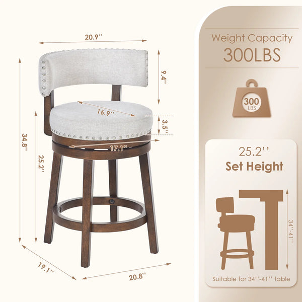 360° Swivel 24" Counter Stool with Nailhead Trim, Upholstered Solid Wood Bar Chair for Kitchen Island  Wooden Bazar