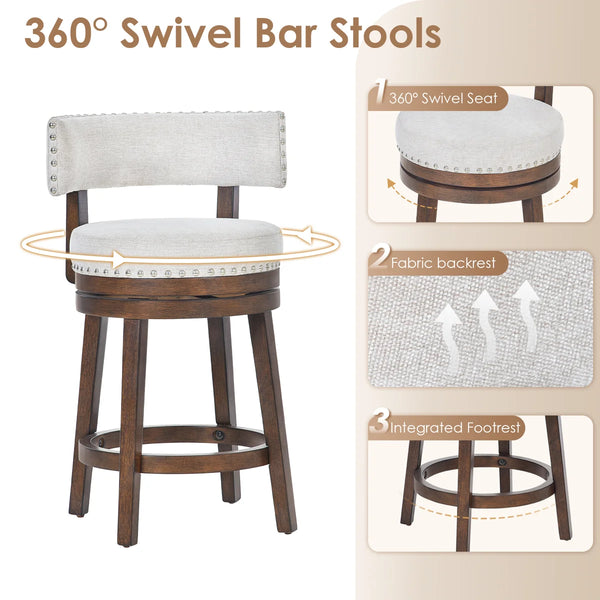 360° Swivel 24" Counter Stool with Nailhead Trim, Upholstered Solid Wood Bar Chair for Kitchen Island  Wooden Bazar