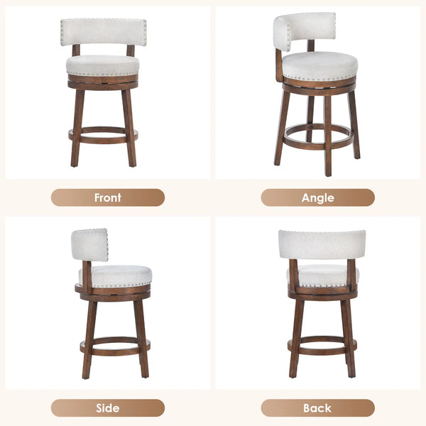 360° Swivel 24" Counter Stool with Nailhead Trim, Upholstered Solid Wood Bar Chair for Kitchen Island  Wooden Bazar