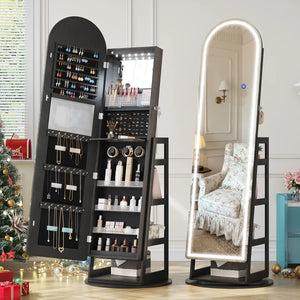 Swivel Arched Jewelry Armoire with LED Lighted Full-Length Mirror  Wooden Bazar