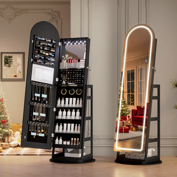 Swivel Arched Jewelry Armoire with LED Lighted Full-Length Mirror  Wooden Bazar
