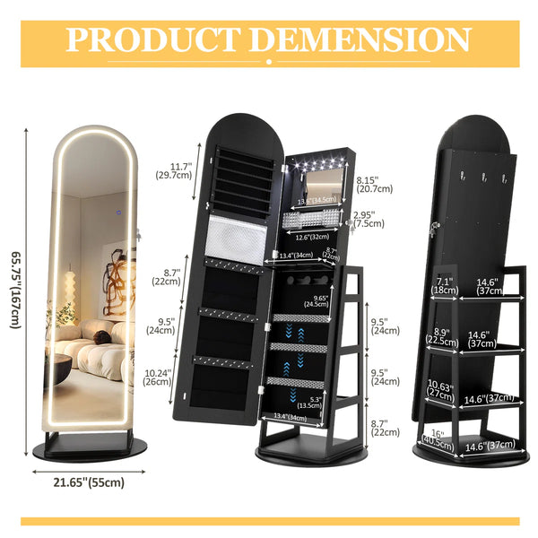 Swivel Arched Jewelry Armoire with LED Lighted Full-Length Mirror  Wooden Bazar