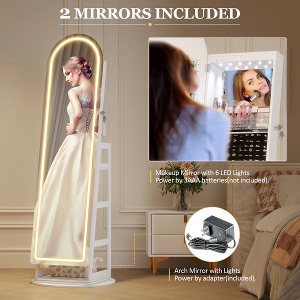 Swivel Arched Jewelry Armoire with LED Lighted Full-Length Mirror  Wooden Bazar