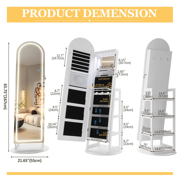 Swivel Arched Jewelry Armoire with LED Lighted Full-Length Mirror  Wooden Bazar