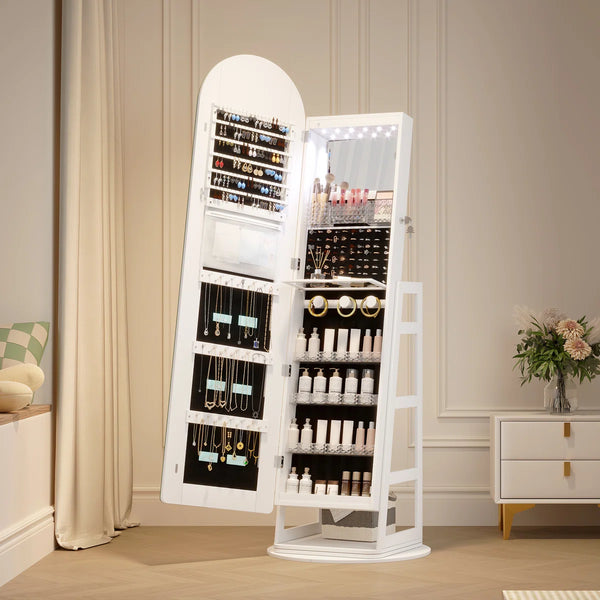 Swivel Arched Jewelry Armoire with LED Lighted Full-Length Mirror  Wooden Bazar