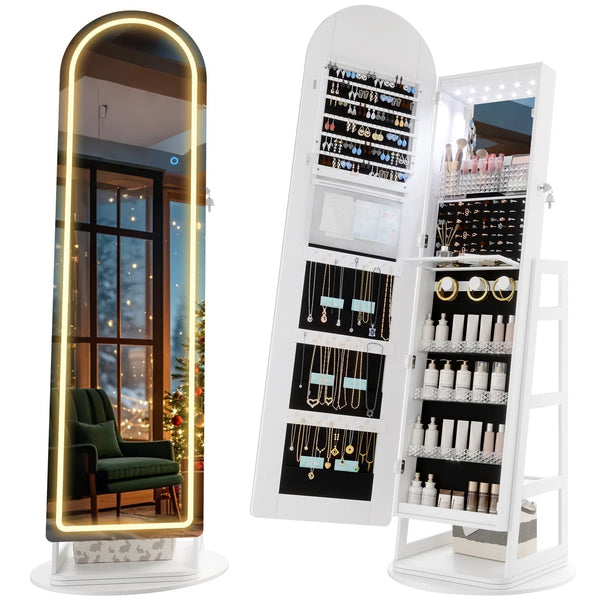 Swivel Arched Jewelry Armoire with LED Lighted Full-Length Mirror  Wooden Bazar