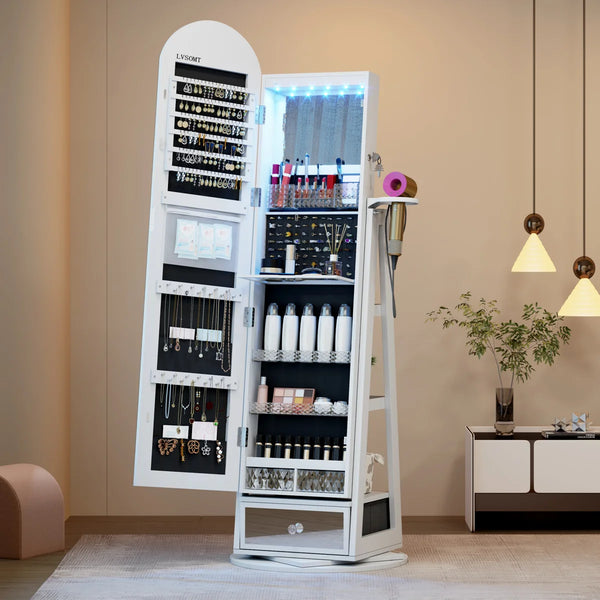 Swivel Arched Jewelry Cabinet with Full-Length Mirror & Lockable Storage  Wooden Bazar