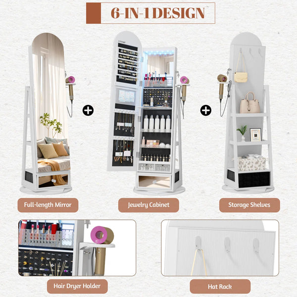 Swivel Arched Jewelry Cabinet with Full-Length Mirror & Lockable Storage  Wooden Bazar