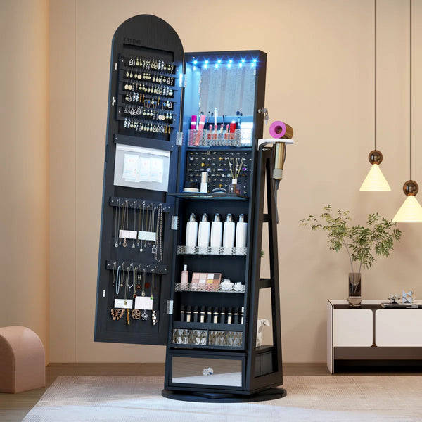 Swivel Arched Jewelry Cabinet with Full-Length Mirror & Lockable Storage  Wooden Bazar