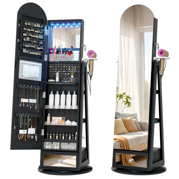 Swivel Arched Jewelry Cabinet with Full-Length Mirror & Lockable Storage  Wooden Bazar