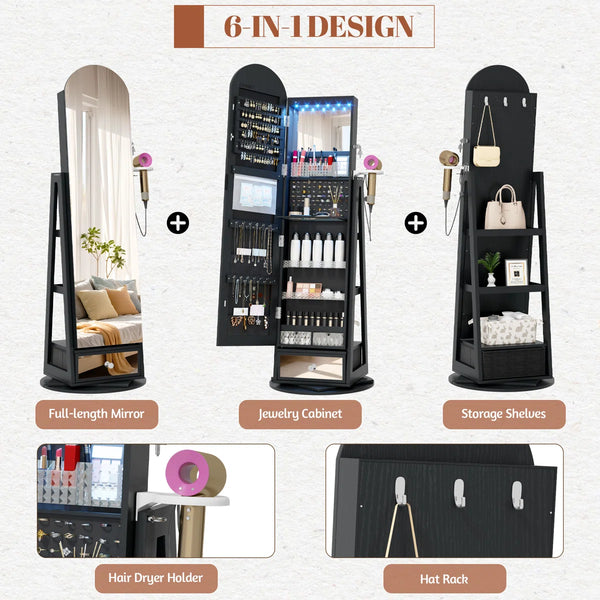 Swivel Arched Jewelry Cabinet with Full-Length Mirror & Lockable Storage  Wooden Bazar