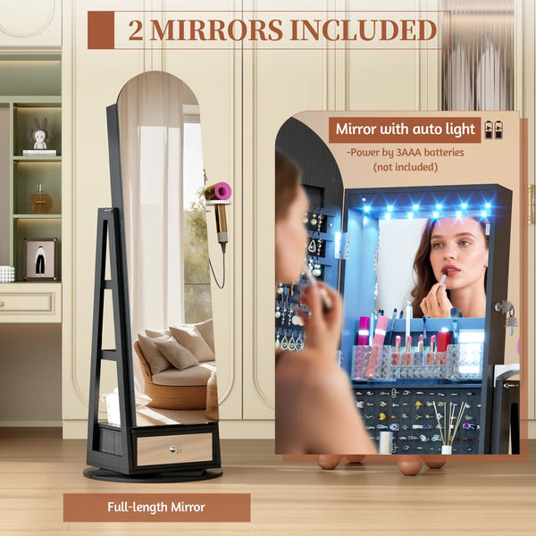 Swivel Arched Jewelry Cabinet with Full-Length Mirror & Lockable Storage  Wooden Bazar