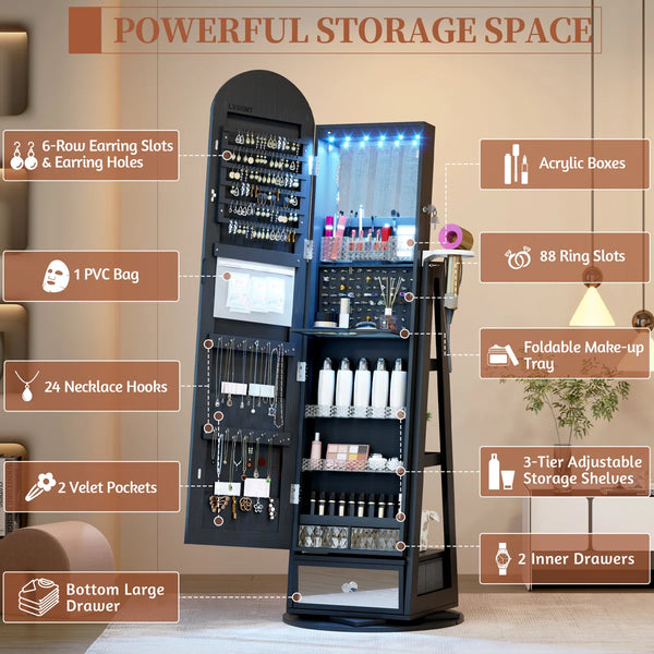 Swivel Arched Jewelry Cabinet with Full-Length Mirror & Lockable Storage  Wooden Bazar