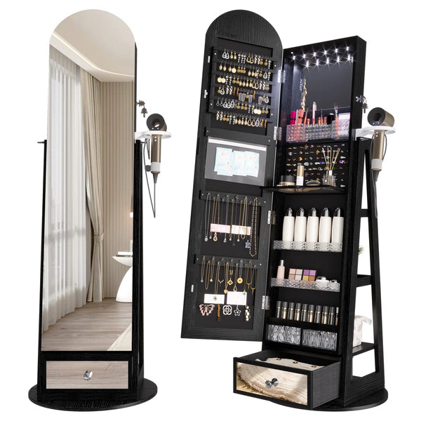 Swivel Arched Jewelry Cabinet with Full-Length Mirror & Lockable Storage  Wooden Bazar