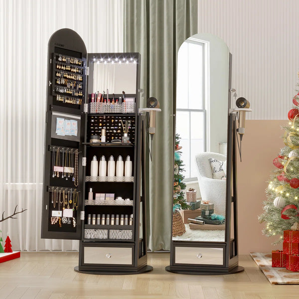 Swivel Arched Jewelry Cabinet with Full-Length Mirror & Lockable Storage  Wooden Bazar