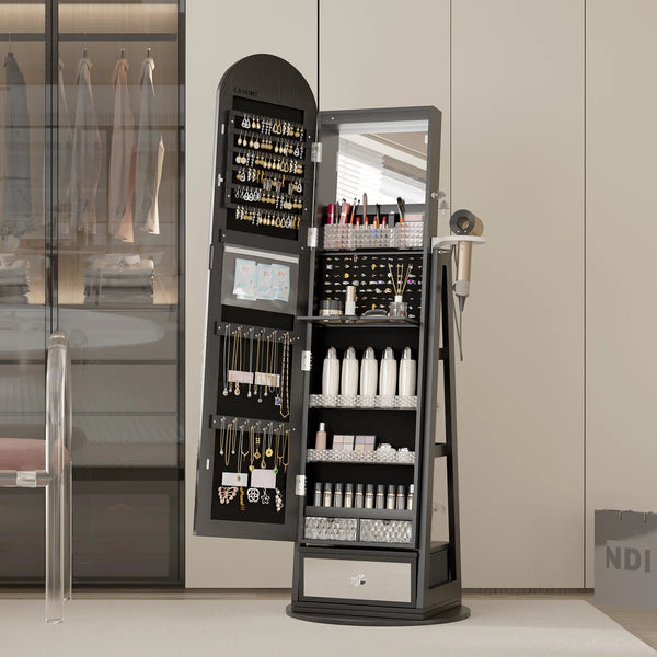 Swivel Arched Jewelry Cabinet with Full-Length Mirror & Lockable Storage  Wooden Bazar