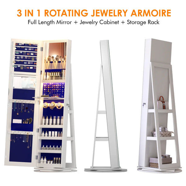 360° Swivel Jewelry Armoire with Full-Length Mirror | Wooden Bazar