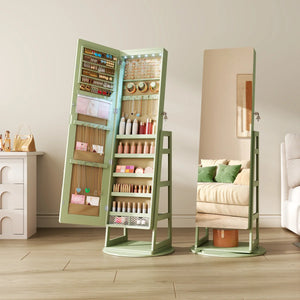 Swivel Jewelry Cabinet with Lockable Storage & Full-Length Mirror  Wooden Bazar