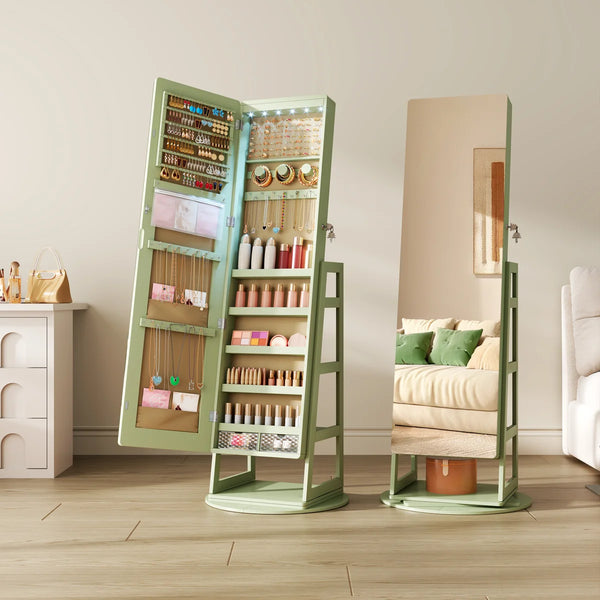Swivel Jewelry Cabinet with Lockable Storage & Full-Length Mirror  Wooden Bazar
