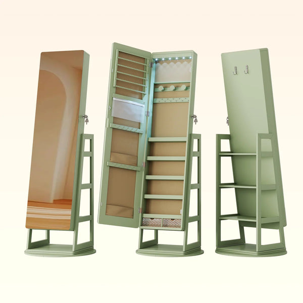 Swivel Jewelry Cabinet with Lockable Storage & Full-Length Mirror  Wooden Bazar