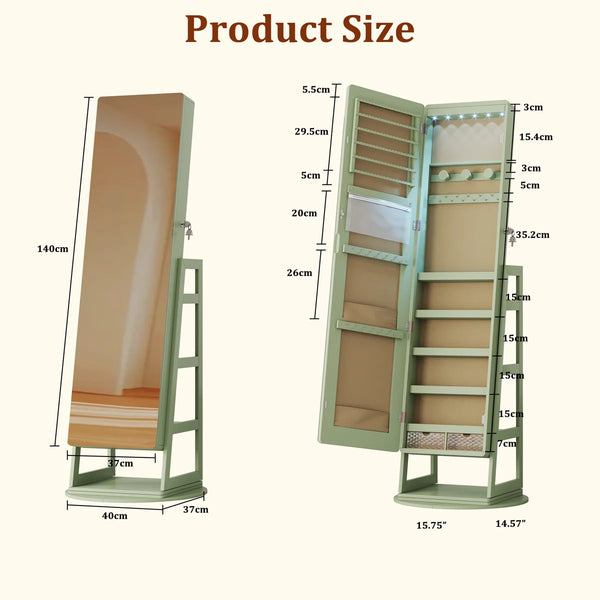 Swivel Jewelry Cabinet with Lockable Storage & Full-Length Mirror  Wooden Bazar