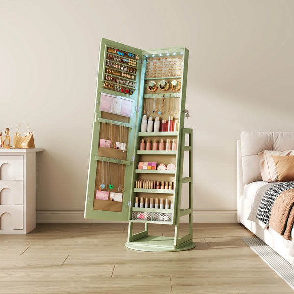 Swivel Jewelry Cabinet with Lockable Storage & Full-Length Mirror  Wooden Bazar