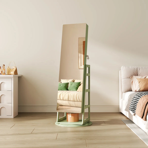Swivel Jewelry Cabinet with Lockable Storage & Full-Length Mirror  Wooden Bazar