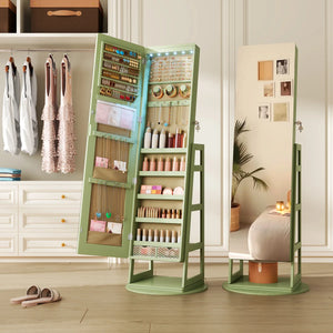 Swivel Jewelry Cabinet with Lockable Storage & Full-Length Mirror  Wooden Bazar