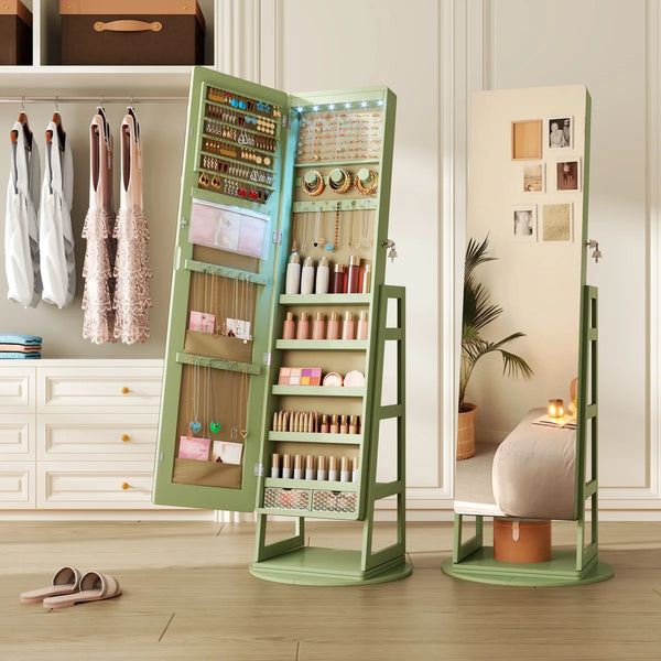 Swivel Jewelry Cabinet with Lockable Storage & Full-Length Mirror  Wooden Bazar