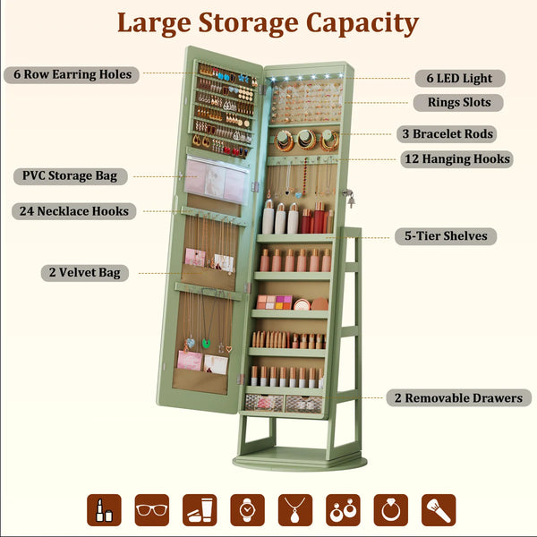 Swivel Jewelry Cabinet with Lockable Storage & Full-Length Mirror  Wooden Bazar