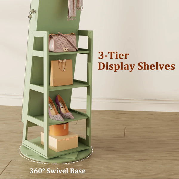 Swivel Jewelry Cabinet with Lockable Storage & Full-Length Mirror  Wooden Bazar