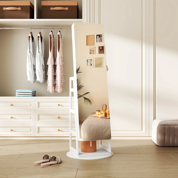 Swivel Jewelry Cabinet with Lockable Storage & Full-Length Mirror  Wooden Bazar