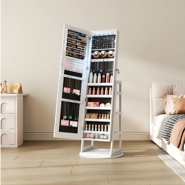 Swivel Jewelry Cabinet with Lockable Storage & Full-Length Mirror  Wooden Bazar