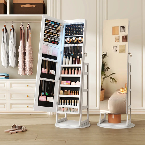 Swivel Jewelry Cabinet with Lockable Storage & Full-Length Mirror  Wooden Bazar