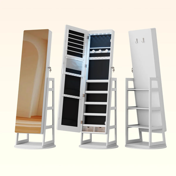 Swivel Jewelry Cabinet with Lockable Storage & Full-Length Mirror  Wooden Bazar