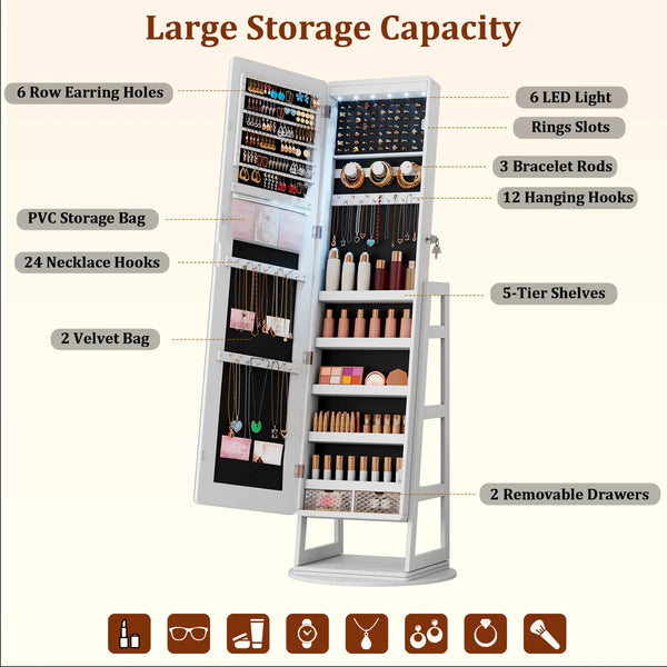 Swivel Jewelry Cabinet with Lockable Storage & Full-Length Mirror  Wooden Bazar