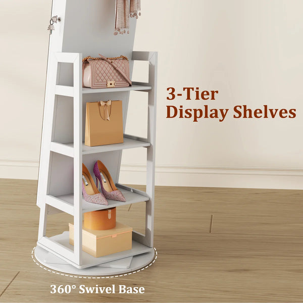 Swivel Jewelry Cabinet with Lockable Storage & Full-Length Mirror  Wooden Bazar