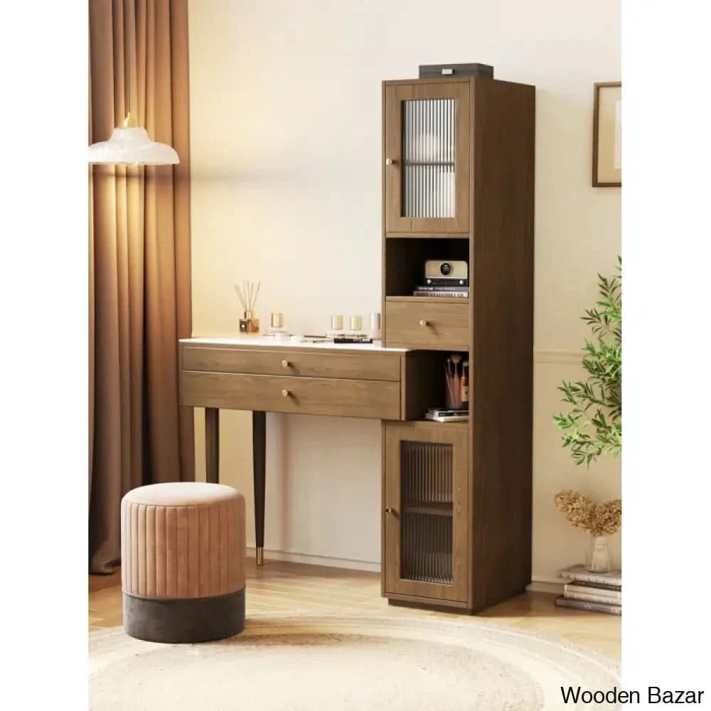 37.4’’ Adjustable Makeup Vanity Dressing Table With Stool Brown