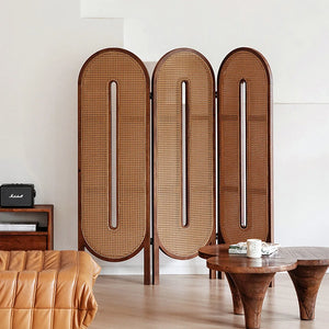 Beige and Brown Rattan with Solid Wood 4-Panel Folding Room Divider  Wooden Bazar
