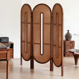 Beige and Brown Rattan with Solid Wood 4-Panel Folding Room Divider  Wooden Bazar