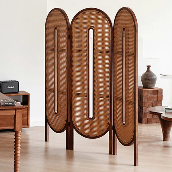 Beige and Brown Rattan with Solid Wood 4-Panel Folding Room Divider  Wooden Bazar