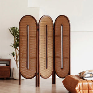 Beige and Brown Rattan with Solid Wood 4-Panel Folding Room Divider  Wooden Bazar