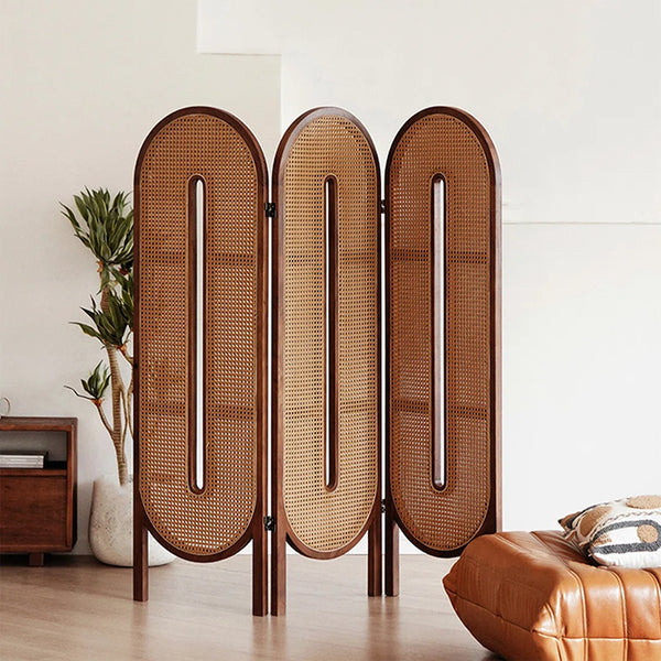 Beige and Brown Rattan with Solid Wood 4-Panel Folding Room Divider  Wooden Bazar