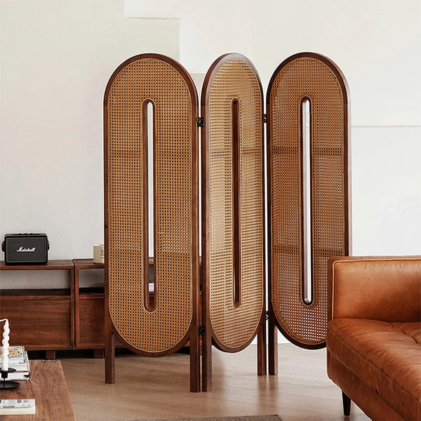 Beige and Brown Rattan with Solid Wood 4-Panel Folding Room Divider  Wooden Bazar