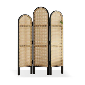 Panel Black Solid Wood and Rattan Folding Room Divider, Privacy Screen  Wooden Bazar