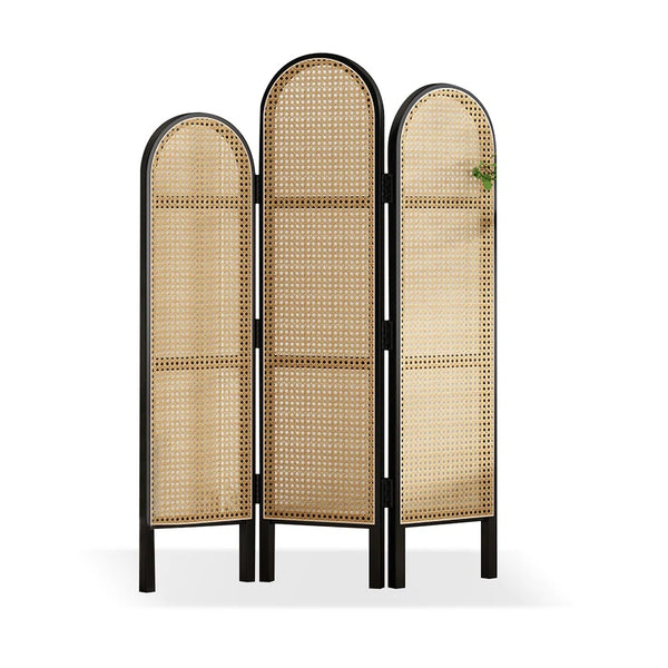 Panel Black Solid Wood and Rattan Folding Room Divider, Privacy Screen  Wooden Bazar