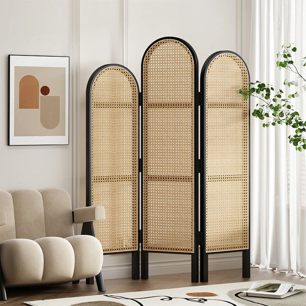Panel Black Solid Wood and Rattan Folding Room Divider, Privacy Screen  Wooden Bazar